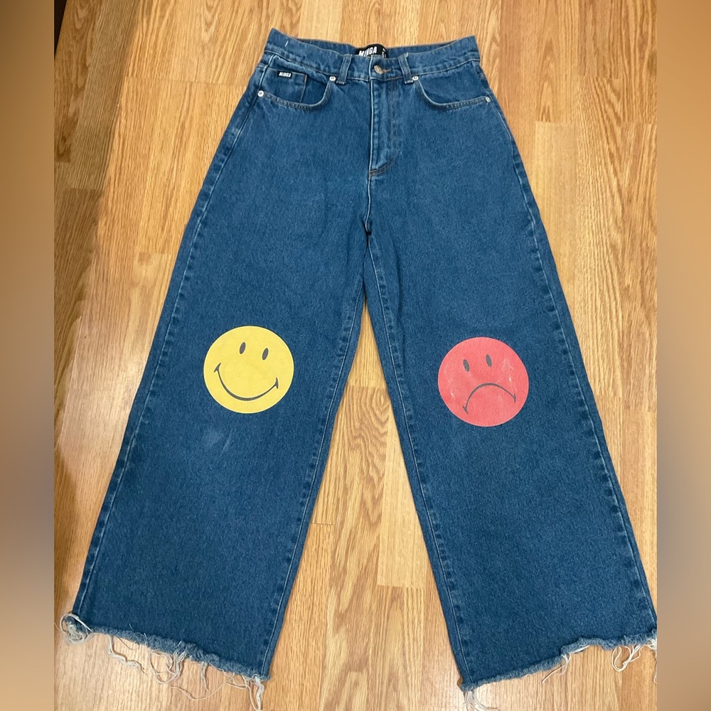 Trendy Wide-Leg Jeans with Smiley Designs - Blue with Yellow and Red